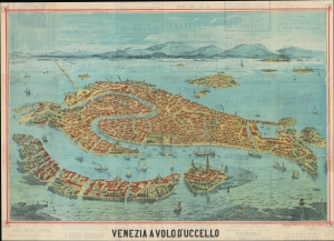 1888 Litografia Veneziana Bird's Eye View of Venice, Italy