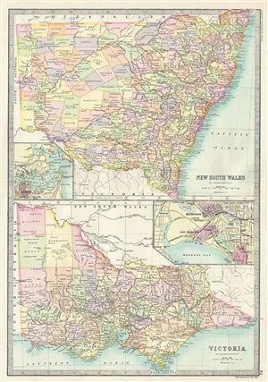 1890 Bartholomew Map of New South Wales and Victoria, Australia