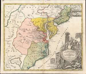 1715 Homann Map of Carolina, Virginia, Maryland and New Jersey