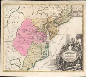 1715 Homann Map of Carolina, Virginia, Maryland and New Jersey