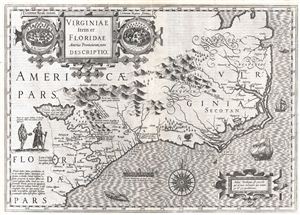 1606 Mercator Hondius Map of Florida, Carolina, and Virginia