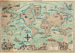 1954 Baille Pictorial Map of the World Tracing Voyages of French Warships