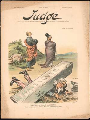 1893 Gillam Political Cartoon of Uncle Sam Crushed by Silver