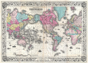 1852 Colton's Map of the World on Mercator's Projection ( Pocket Map )