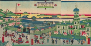 1874 Kunitsuru Ukiyo-e Triptych View of Yokohama's New City Hall