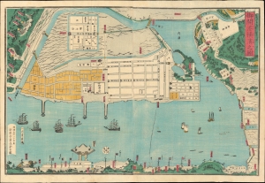 1862 Yoshikazu Ukiyo-e Map of Treaty Port Yokohama, Japan