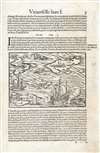 Munster Woodcut View of Islands, Ships and Monsters